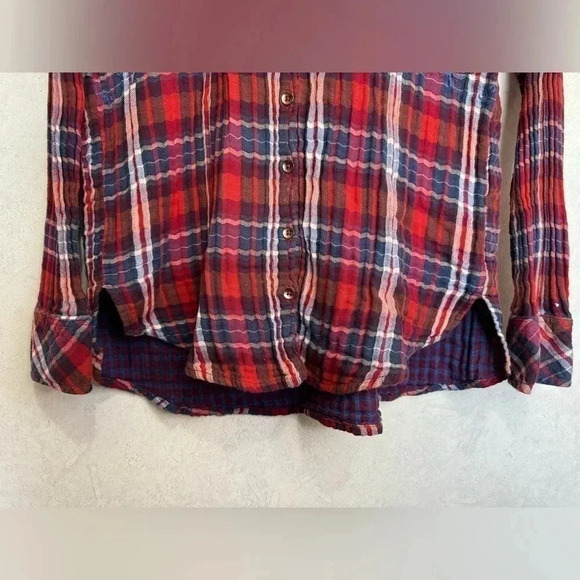 FREE PEOPLE Women’s Red Blue Plaid Embroidered HiLow Button Down Top Shirt Small - Picture 8 of 10